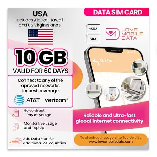 Love Mobile Data Only Sim Card - International Multi-Network 4G/5G Prepaid Pay As You Go Data Sim for Mobile Phones, WiFi Routers, & More, UK & USA (Alaska, Hawaii, US Virgin Islands) - 10GB 60 Days