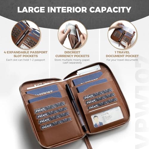 VULKIT Leather Family Passport Holder for 4-6 Passports, Premium Document Organizer Case Large Travel Wallet for Couples and Families, Holds Passports,Cards,Tickets,Cash,Pen,Sim Card (Espresso) — view 3