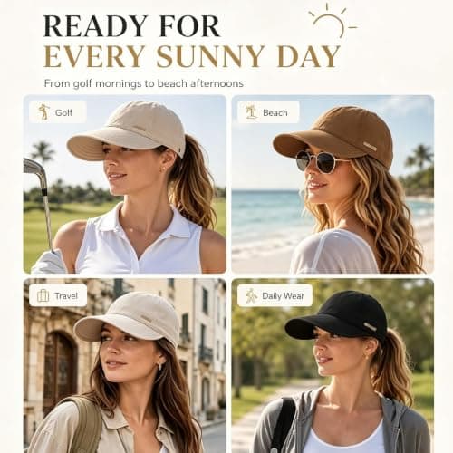 Trendy Wide Brim Sun Hat,UPF 50+ UV Protection Cap for Ponytails, Adjustable Packable Visor Cap for Hiking Golf (Beige) — view 6