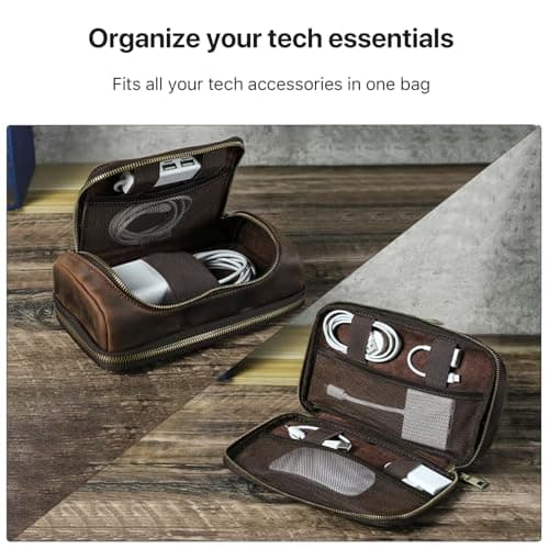 CONTACT'S FAMILY Leather Accessories Organizer Bag, Durable Storage Case for iPhone, AirPods, Charger, Cables, Portable Travel & Daily Use Compartment Bag (Coffee) — view 4