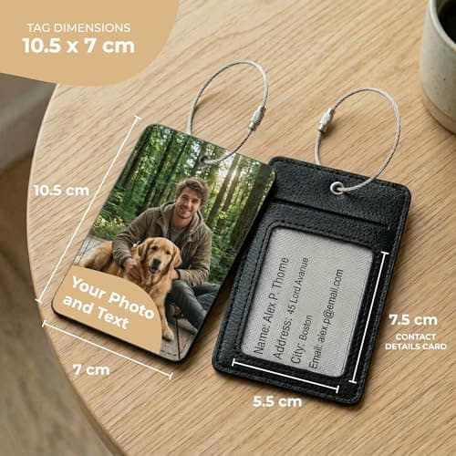 Cimpress Personalised Suitcase Tags, Custom Luggage Tag with Photo or Name, Address Card Included, Polyester 7 x 10 cm, White, for Family Holidays, Airport Travel, Cabin Luggage and Weekend Breaks — view 3