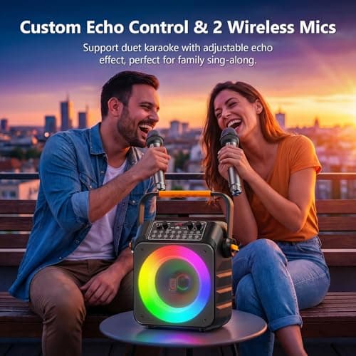 HWWR Karaoke Machine for Adults, Portable Bluetooth Karaoke Speaker with 2 Wireless Microphones, PA System with 6.5" Subwoofer, Echo Adjustment, Support REC/TF Card/USB/AUX for Home Party — view 6