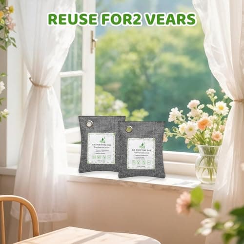 2 Pack 100g Bamboo Charcoal Bags, Grey Linen Fabric Activated Charcoal Odour Absorber, Activated Charcoal Bags with Hanging Holes, Odor Eliminator for Bathroom Wardrobes Cars — view 5