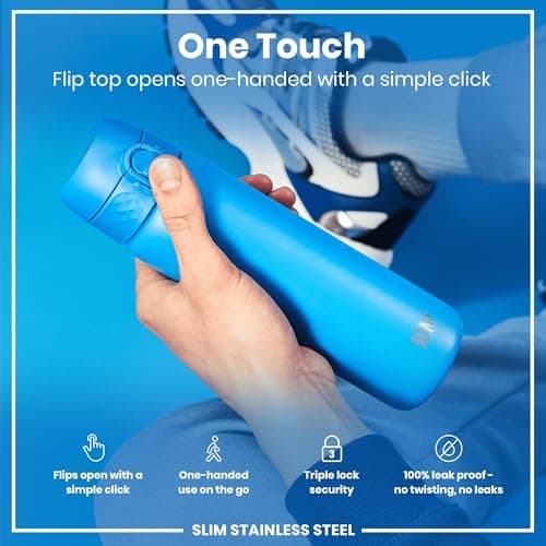 Ion8 Lightweight Steel Water Bottle, 600 ml/20 oz, Non-Insulated, Leak Proof, Easy to Open, Secure Lock, Dishwasher Safe, Flip Cover, Fits Cup Holders, Carry Handle, Metal Water Bottle, Blue — view 3