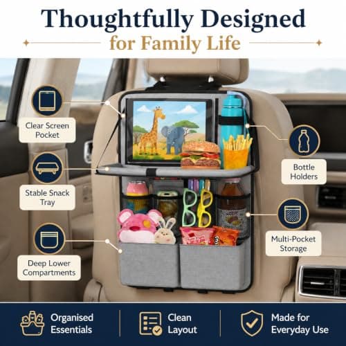 Purecas 2Pack Car Seat Organiser with Fold Down Tray&Tablet Holder (Black) — view 2