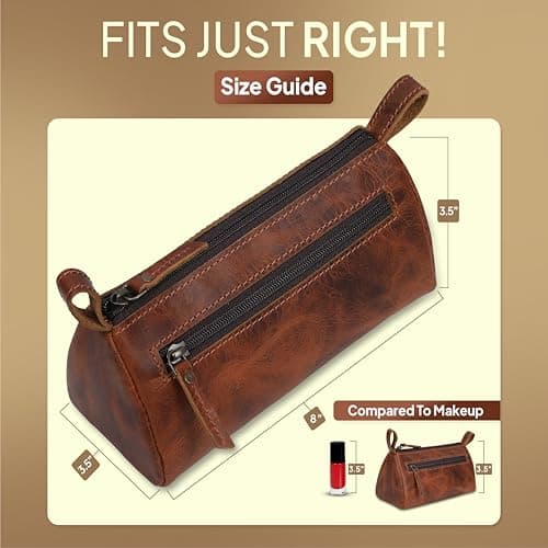 TheAntiq Leather Toiletry Bag Travel Dopp Kit for Men & Women Leather Makeup Organiser with Zipper Compartments Compact Travel Pouch Tan 8x3.5x3.5 Inch — view 2