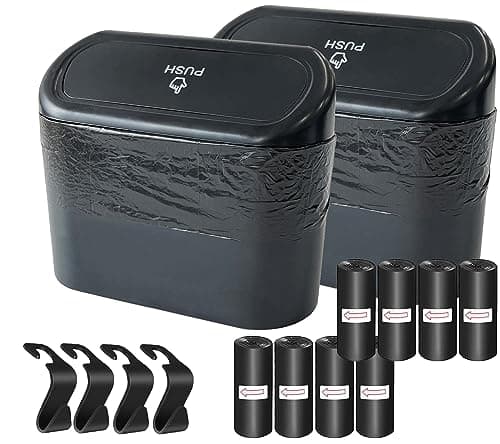 KITBEST 2 Pack Car Bin Mini Trash Can with Lid+ 120 Garbage Bags+ 4 Hooks