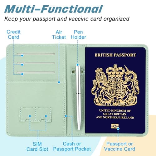 DMLuna Passport Holder, Premium PU Leather Travel Passport Wallet, RFID Blocking Passport Cover Case Travel Documents Organizer with Pen Holder, for Women and Men, Agave Green — view 4