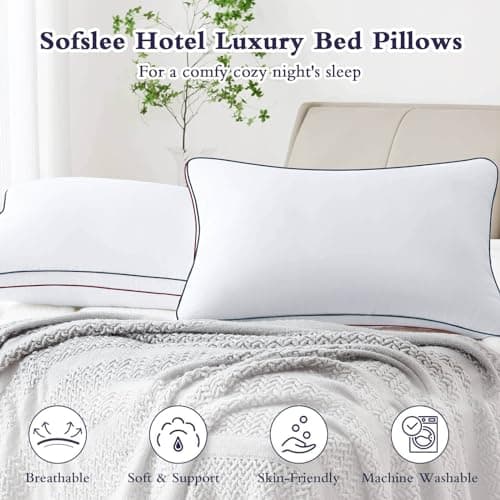 Sofslee Pillows 2 Pack Hotel Quality Luxury Pillows for Neck And Shoulder Pain, Soft Hypoallergenic Dust Mite Resistant Down Alternative Bed Pillow, for Side/Back/Stomach Sleeper 42 x 70cm — view 3
