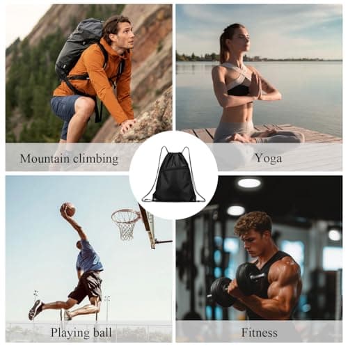 YILUXIANGYANG Drawstring Bag, Large Capacity PE Bags with Front Pocket Waterproof Drawstring Backpack for Women/Men Beach School Swimming Outdoor Sports Travel Yoga (Black, 1 Pc) — view 6