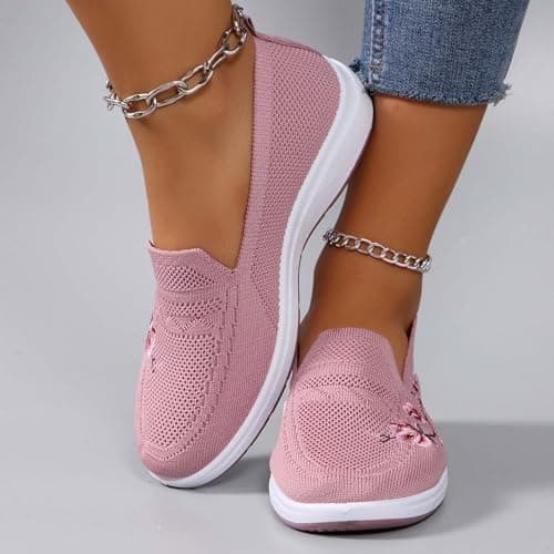 Slip On Shoes Women Embroidered Orthopedic Walking Shoes Breathable Mesh Sneakers Slip-On Lightweight Work Mom Shoe,for Outdoor Walking Traveling Hiking Size 3-11 Pink — view 6