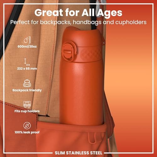 Ion8 Lightweight Steel Water Bottle, 600 ml/20 oz, Non-Insulated, Leak Proof, Easy to Open, Secure Lock, Dishwasher Safe, Flip Cover, Fits Cup Holders, Carry Handle, Metal Water Bottle, Hearty Orange — view 2