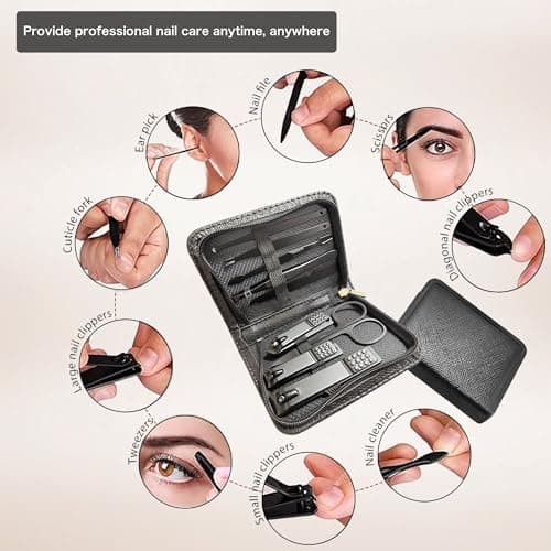 9 Pieces Nail Clippers Set for Men - Precision Stainless Steel Manicure Travel Set with Fingernail & Toenail Clippers, Nail File, Tweezers, Scissors, Cuticle Pusher — view 3