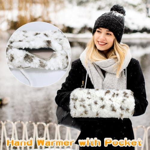 SwirlColor Faux Fur Hand Muff, Soft Hand Muff with Strap Pocket Convenient Hand Warmer Muff for Women Men, with Transparent Hook - White with Spots — view 3