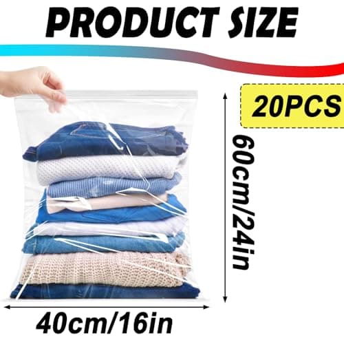 HongChelle 20Pcs 40x60 cm Zipper Seal Bags, Reusable Clear Bags for Clothing, Plastic Waterproof Luggage Organizer, Suitable for Travel, School, Moving, Home Storage. (Without Hole) — view 2