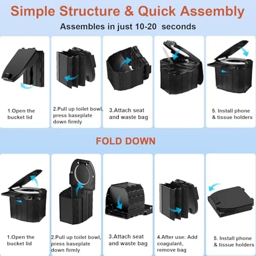 Synvion Portable Camping Toilet for Adults, Foldable Travel Toilet with PU Cushion Seat, 5L Capacity, Waste Bags & Carry Bag, Compact & Easy to Clean for Outdoor, Road Trips & Emergency Outdoor Use — view 6