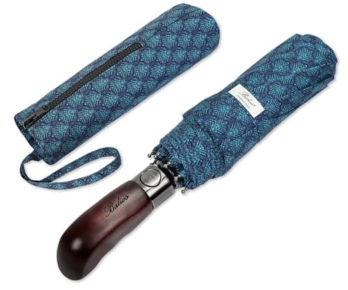 Balios Folding Umbrella Real Wood Handle Cypress Leaves Teal Blue