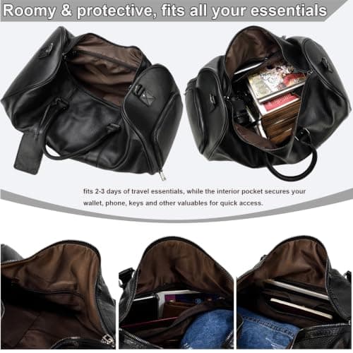 Yevabo Genuine Leather Travel Bag Large Capacity Weekender Bag for Men Women, Airplane Carry-On Luggage with Multi Compartments for Travel Gym, Black — view 6