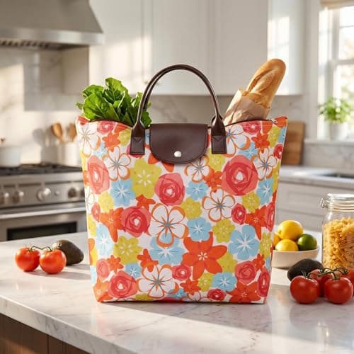 NIFTYY Foldable Zipper Tote Bag for Women – Waterproof Reusable Shopping Bag, Portable Travel Beach Gym Bag with Pocket, Compact Foldable Handbag for Grocery, Travel, Holiday, Pool (orange) — view 2