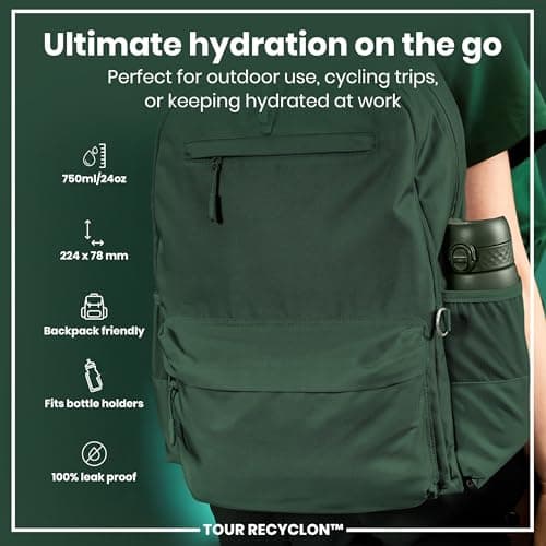 ION8 Sports Water Bottle, 750 ml/24 oz, Leak Proof, Easy to Open, Secure Lock, Dishwasher Safe, BPA Free, Flip Cover, Carry Handle, Soft Touch Contoured Grip, Easy Clean, Odour Free, Dark Green — view 2