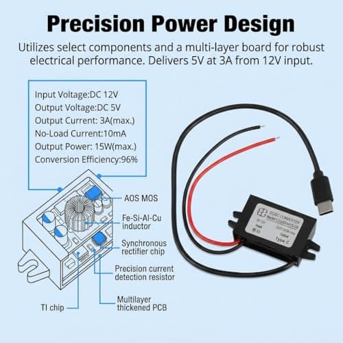 Waterproof 12V To 5V Converter USB Type C Output, DC DC Step Down Power Adapter 5V 3A, Epoxy Potted Buck Converter For Car Auto Power Supply, Raspberry Pi 4, Mobile Devices, Short Circuit Protection — view 6