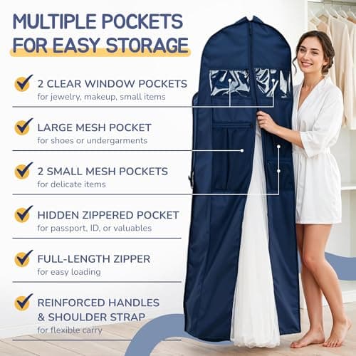 Sturdy Oxford polyester fabric - Wedding Dress Garment Bag - Shoulder Strap - Accessory Pockets - Attaches to Suitcase – Waterproof – Trifold – Designed for Full Skirts (Blue) — view 3