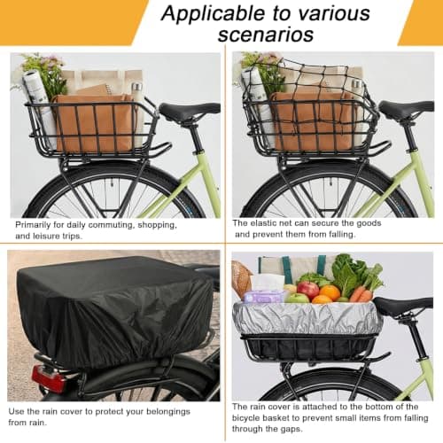 HopesEager Rear Bicycle Basket with Rain Cover, Luggage Net, Large Metal Bicycle Basket at the Back, Robust Rear Bicycle Basket for Most Bicycles and E-Bikes — view 4