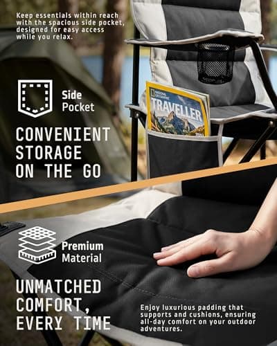 Voyager Folding Camping Chairs 2 Pack with Cooler Bag, Lightweight Q195 Steel Frame, 600D Oxford Fabric, Portable & Comfortable - Black (Black, Padded) — view 4