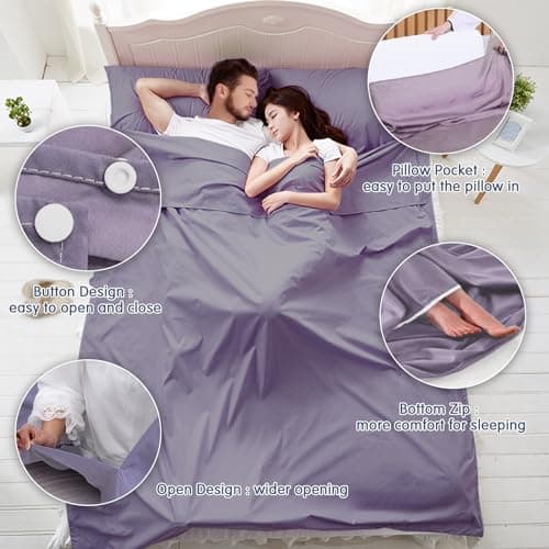 Plliocse Sleeping Bag Liner Travel Sheet Sleeping Bag, Double Size 160 x 210 cm Sleeping Bags Liners with Pillow Pockets for Adults, Travel, Hotels, Business Trip, Camping (Purple, 160cm x 210 cm) — view 3