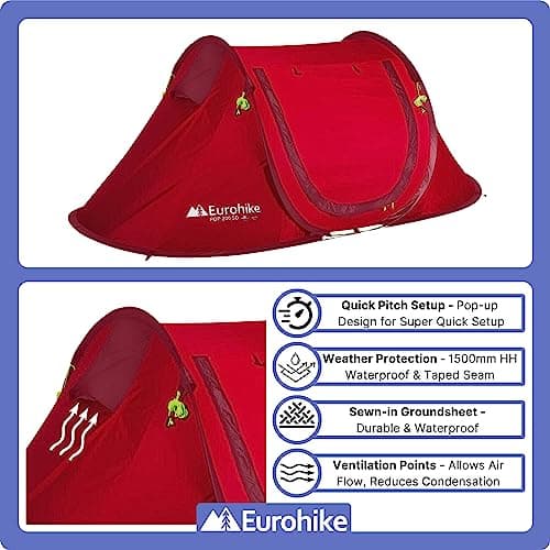 Eurohike Pop 200 Tent for 2 People with Sewn in Groundsheet, 2 Man, Easy to Pitch, Pop-Up Design, Lightweight (Red) — view 5