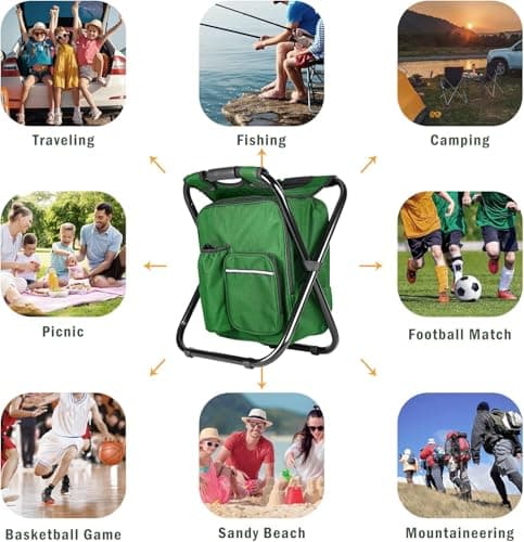 Kikerike Portable Stool Backpack Cooler Chair 300 LBS Max Load Folding Fishing Cooler Backpack Stool for Outdoors Hiking Beach Travel - Army Green — view 3
