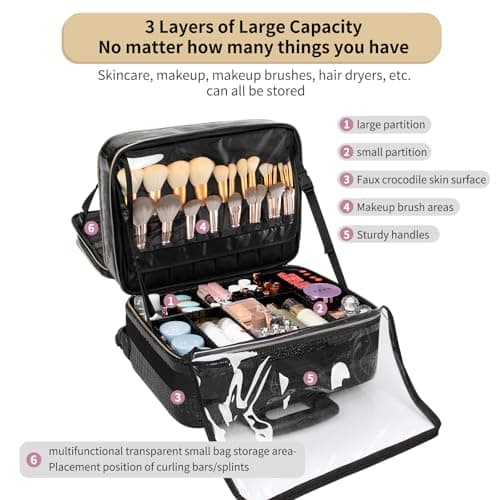 Rolling Makeup Train Case, 18" Carry On Travel Cosmetic Organizer Suitcase,Extra Large Trolley Makeup Storage Case On Wheels,3 Layers with 3pcs Traveling Bags for Hairstylist Cosmetology Artist — view 6