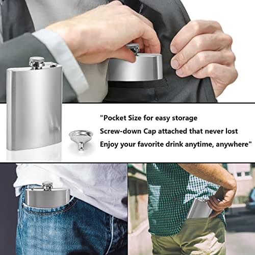 Tebery 6 Pack 8oz Hip Flask with Funnel, Stainless Steel Whiskey Flask, Leakproof, Portable, Silver — view 6