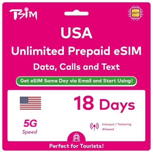 USA eSIM 18 Days. Unlimited High-Speed Data, Local Calls & Texts in USA (Hawaii Included). No Need to Wait for Package!. Get eSIM Same Day via Email and Start Using Immediately !