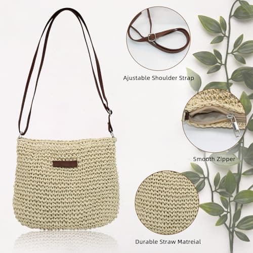 Bototack Straw Bag for Women, Small Summer Beach Crossbody Bag with Zipper and Adjustable Strap, Bohemian Weave Handmade Shoulder Handbags for Holiday Beach Travel (beige) — view 5