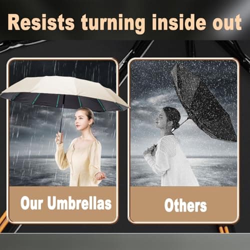 YUNYU Large Umbrella Windproof Strong, Compact Umbrella 12 Ribs Auto Open & Close Folding Travel, 106cm UV Rain Protection for Men and Women, Beige — view 5