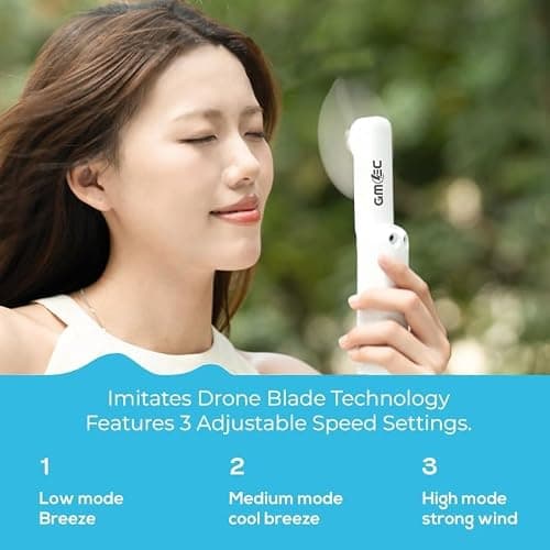 GMEC 3-in-1 Mini Handheld Fan with Phone Holder & Desk Stand - Portable Travel Essentials Mini Fan for Men, Women, Teens & Children - 3 Gear Speed, Rechargeable fan, USB Desk Fan & Torch - Beige — view 4