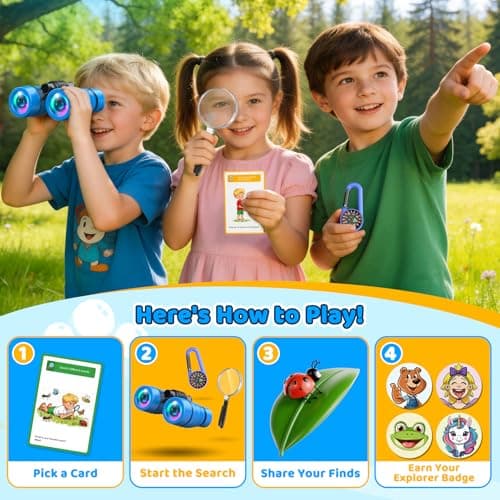 Outdoor Toys for 3-9 Year Old Boys–Binoculars for Kids with Fun 25 Explore Cards,Compass, Magnifying Glass-Garden Games 3-9 Year Old Boys Gifts Birthday Presents-for Football Matches,Hiking Travel — view 2
