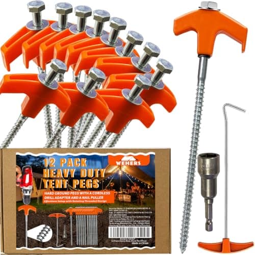 Tent Pegs Metal Heavy Duty, 12 Pack 8-Inch Hard Ground Screw in Tent Pegs
