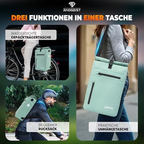 RADGEIST 3-in-1 Bicycle Bag for Pannier Rack - Pannier Rack Bag Waterproof, Extra Robust with Quick Suspension - Bicycle Bag Backpack (20 Litres) - Bicycle Backpack (Mint) — view 2