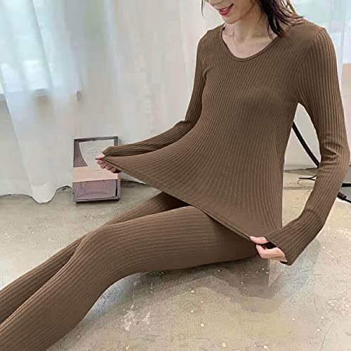 LOIJMK Thermal Underwear Women's Sports Leisure Suit Thermal Underwear Set Breathable Warm Functional Underwear Sleepwear Pyjamas Underwear Winter Cosy Ski Underwear for Home and Sports, coffee, One — view 5