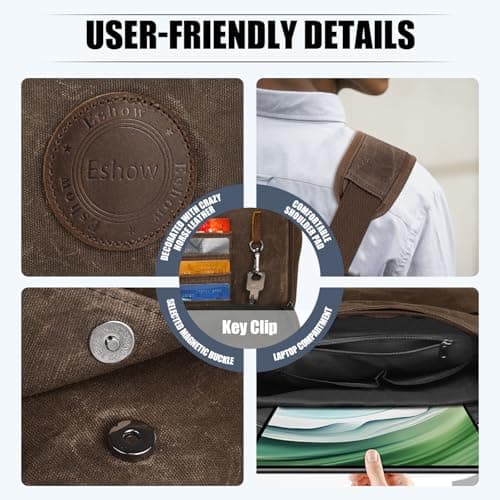 Eshow 14 Inch Messenger Bags for Men Women, Water-Resistant Canvas Shoulder Bag with Multi Pockets, Reliable Commuter Laptop Briefcase for Daily Travel, Brown — view 6