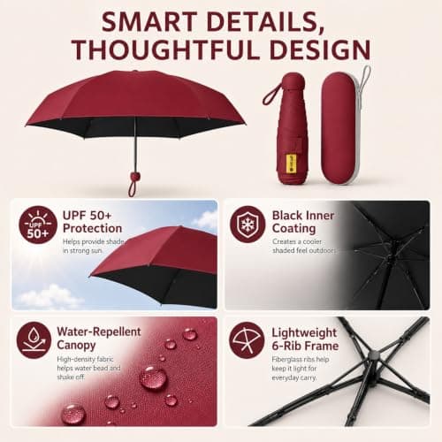 WHJYCC Compact Folding Umbrella - Burgundy Travel Umbrella with Case — view 3