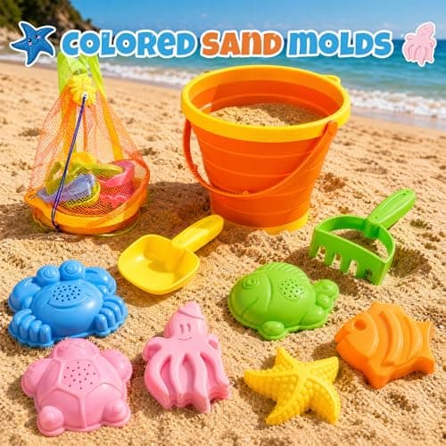 Beach Sand Toys Set for Toddlers, Portable Travel Beach Toys with Collapsible Bucket, Shovel, Rake, Molds & Mesh Storage Bag for Kids, Summer Gift (Sunset Orange) — view 5
