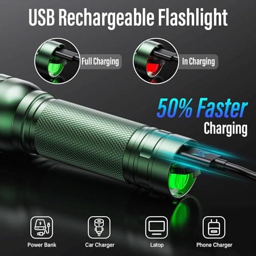 GEARLITE Rechargeable LED Torch, 2000LM Torches LED Super Bright with 3 Modes, Portable Small Torch with Battery, Waterproof Flashlight Zoomable for Power Cut, Emergency, Camping, Hiking- Green — view 2