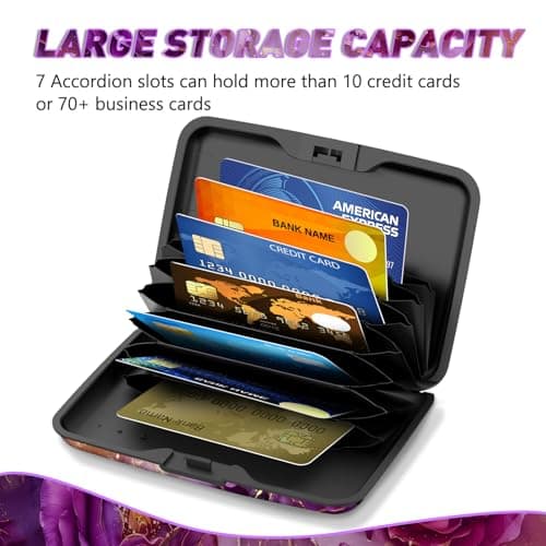 Credit Card Holder, Mini RFID Small Aluminum Card Wallet, Blocking Slim Metal Business Card Case, RFID Blocking Front Pocket Wallet Hard Case Durable CC Holder for Women Girl, Purple Marble Flower — view 4
