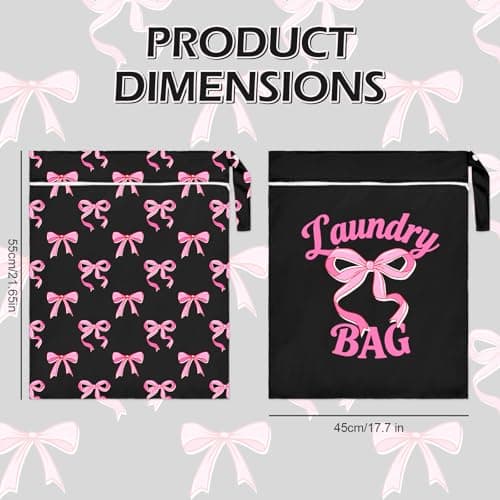 2PC Travel Laundry Bags, 55X45CM Large Waterproof Laundry Bags with Side Handles & Zippers, Dirty Clothes Organiser for Travel & Home Use (Pink Bows on Black Background) — view 5