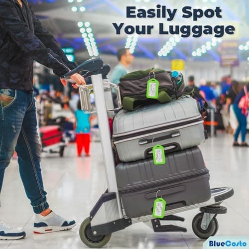 BlueCosto Luggage Tags (Small, Green, 10 PK) - Suitcase Tags w/Name ID Card & Heavy-Duty Metal Wire Loops - Bright Coloured PVC Tags for Travel Baggage - Backpack Name Labels — view 5