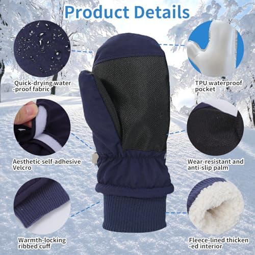 Fjquamitix Kids Winter Ski Mittens, Waterproof Mittens Kids, Warm Fleece Lined Toddler Ski Gloves Age 2-8 Boys Girls For Winter Outdoor (Navy Blue, L) — view 3