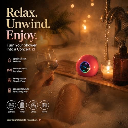 Luzsco Waterproof Bluetooth Shower Speaker with LED – Portable Wireless Mini Speaker with Mic & Suction Cup, IPX4 Water Resistant for Shower, Travel, Pool, River Floating, and Outdoor Fun (Plum) — view 5